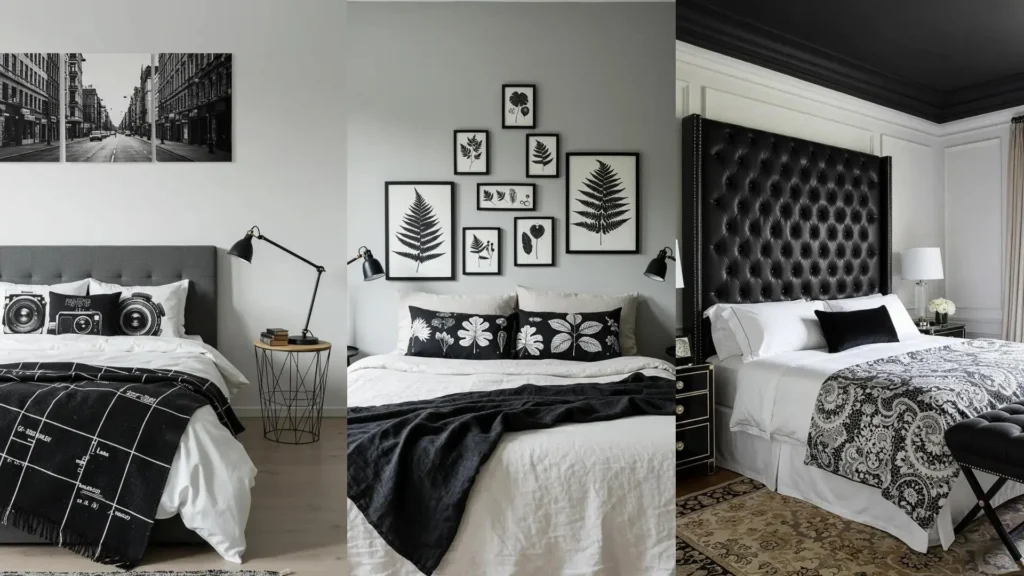 Three monochrome black and white bedrooms showcasing bold styles, high-contrast textiles, and graphic pillows.
