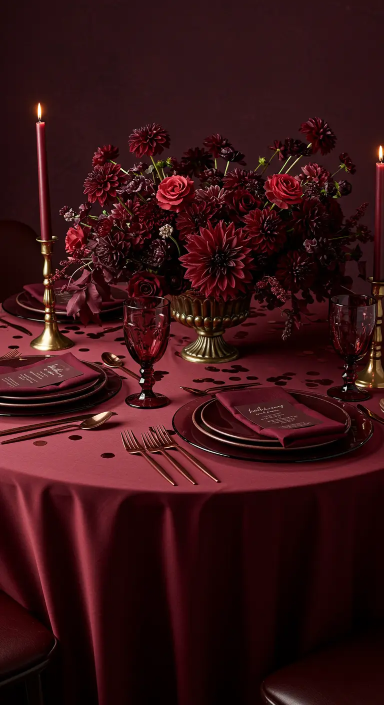 Monochrome burgundy tablescape with matching flowers, linens, and glassware.