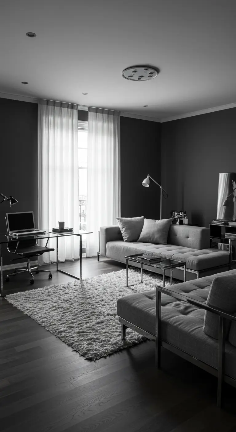 A sleek, monochrome black-and-white living room with a metal-frame desk and a large gray sofa.