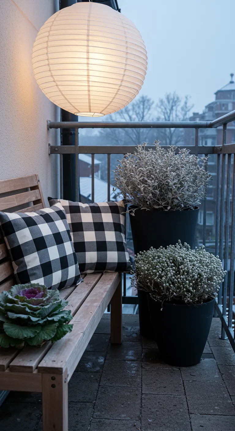Modern balcony with a wood bench, buffalo check pillows, and a large paper lantern.