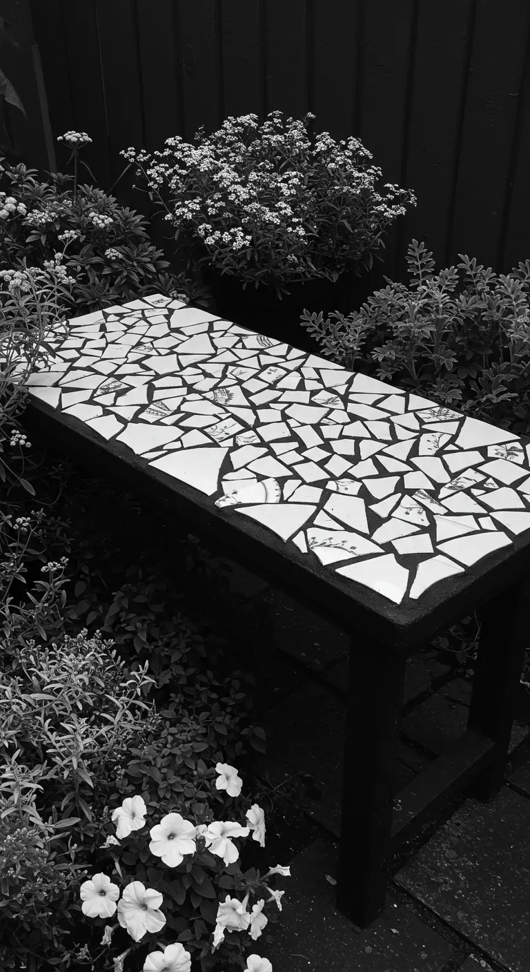 A black wooden bench with a stark black-and-white broken tile mosaic, surrounded by white flowers.