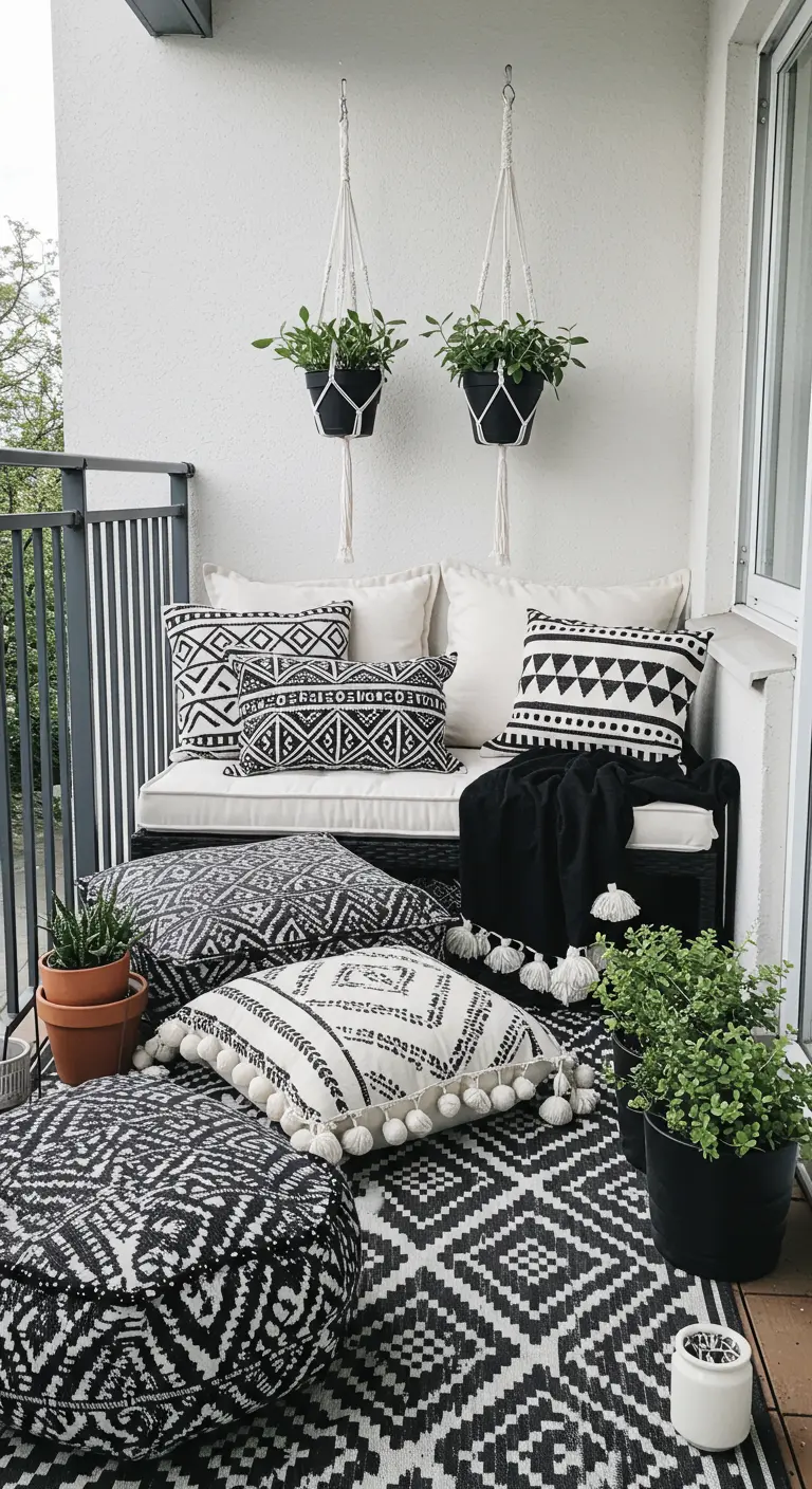 A modern balcony with black and white patterned cushions, rug, and hanging planters.