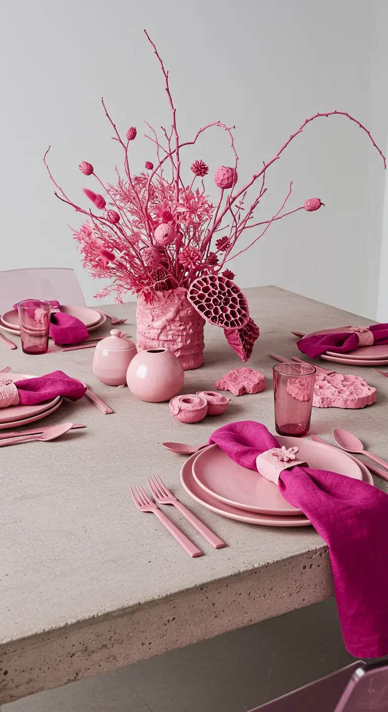 Modern monochrome table with a centerpiece of dried botanicals spray-painted magenta.