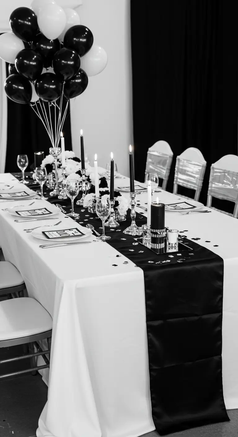 A black and white themed table with a black runner, black and white candles, and balloons.