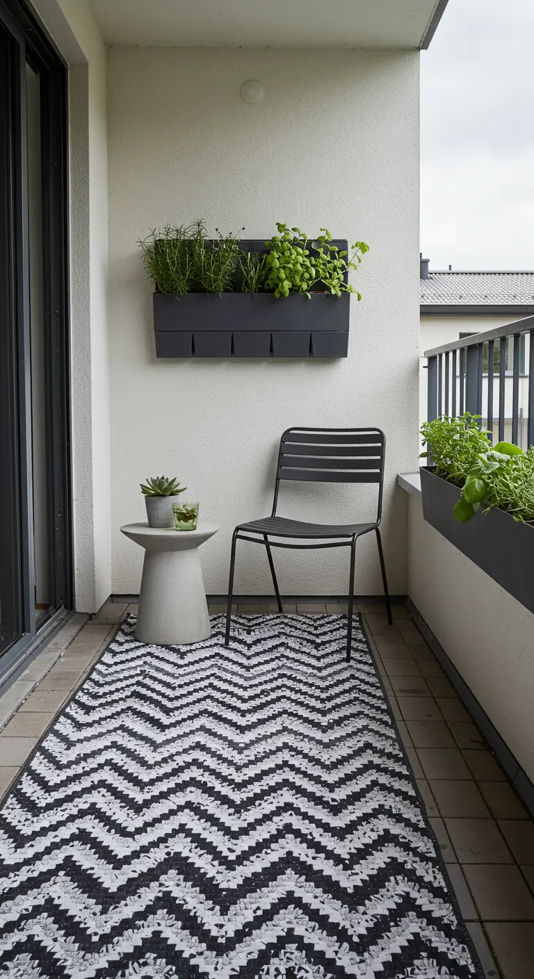 A narrow balcony with a black and white chevron rug, a modern black chair, and wall planters.