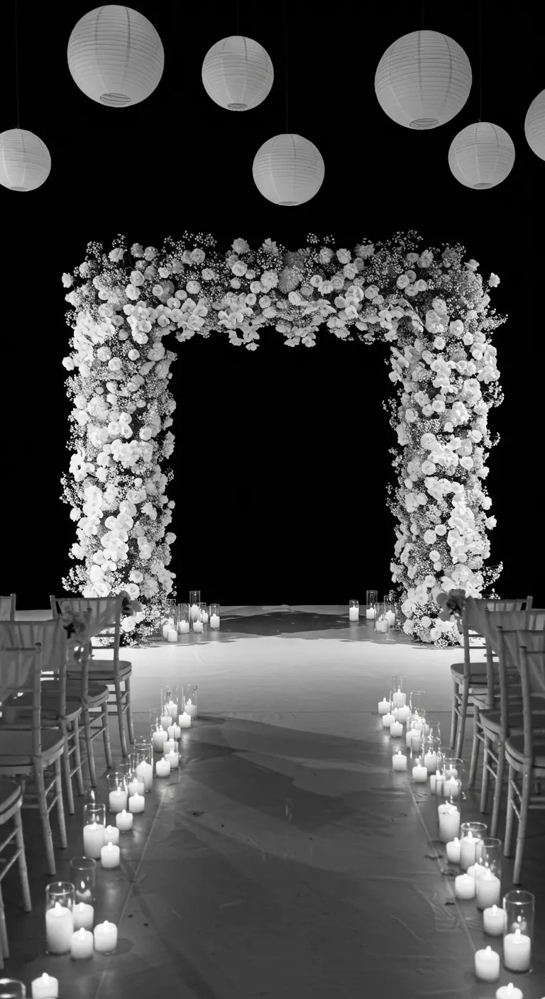 A dramatic all-white floral arch against a black background, with an aisle lit by candles.