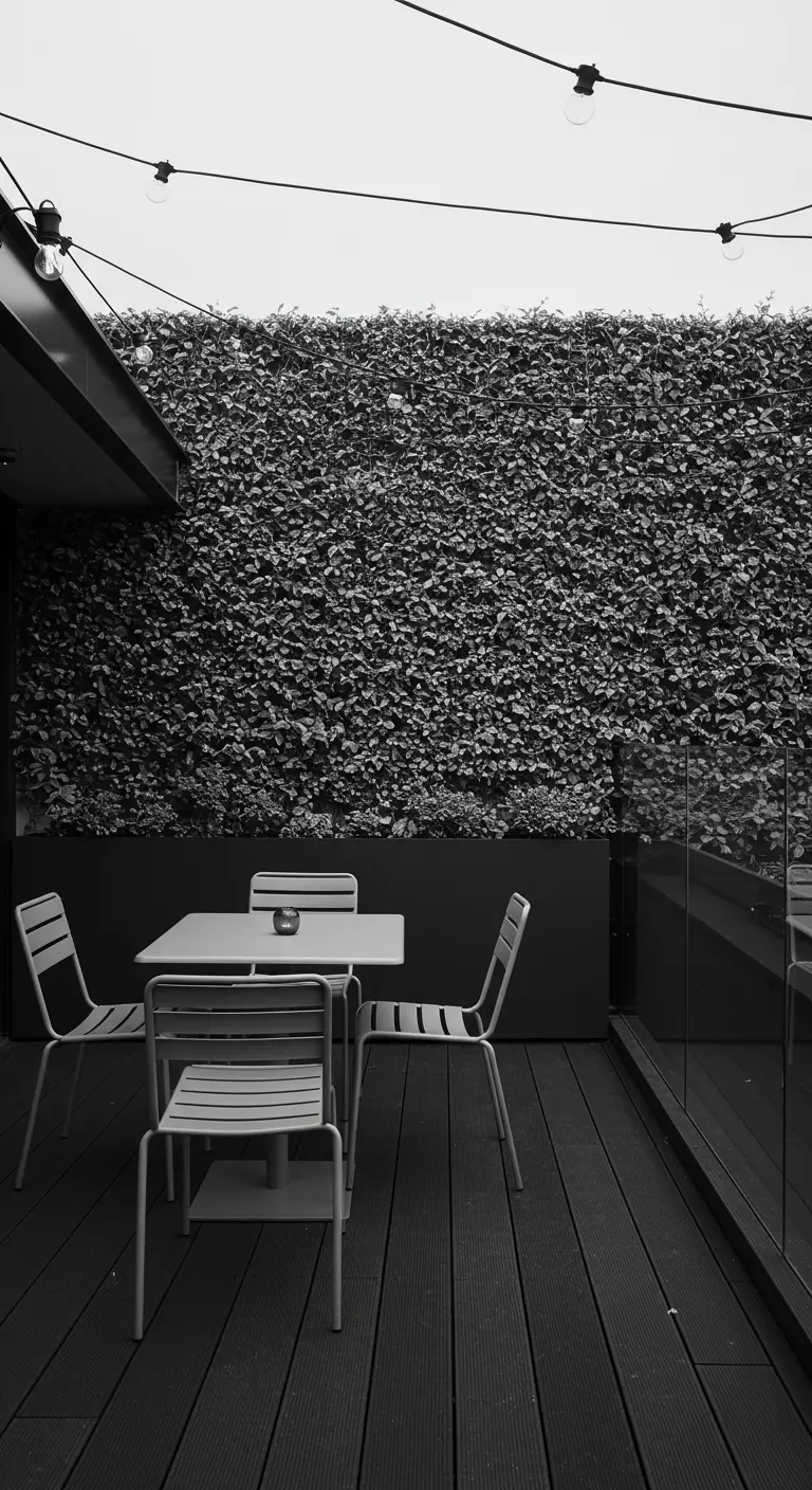 A minimalist black-and-white rooftop deck with a dense wall of green ivy.