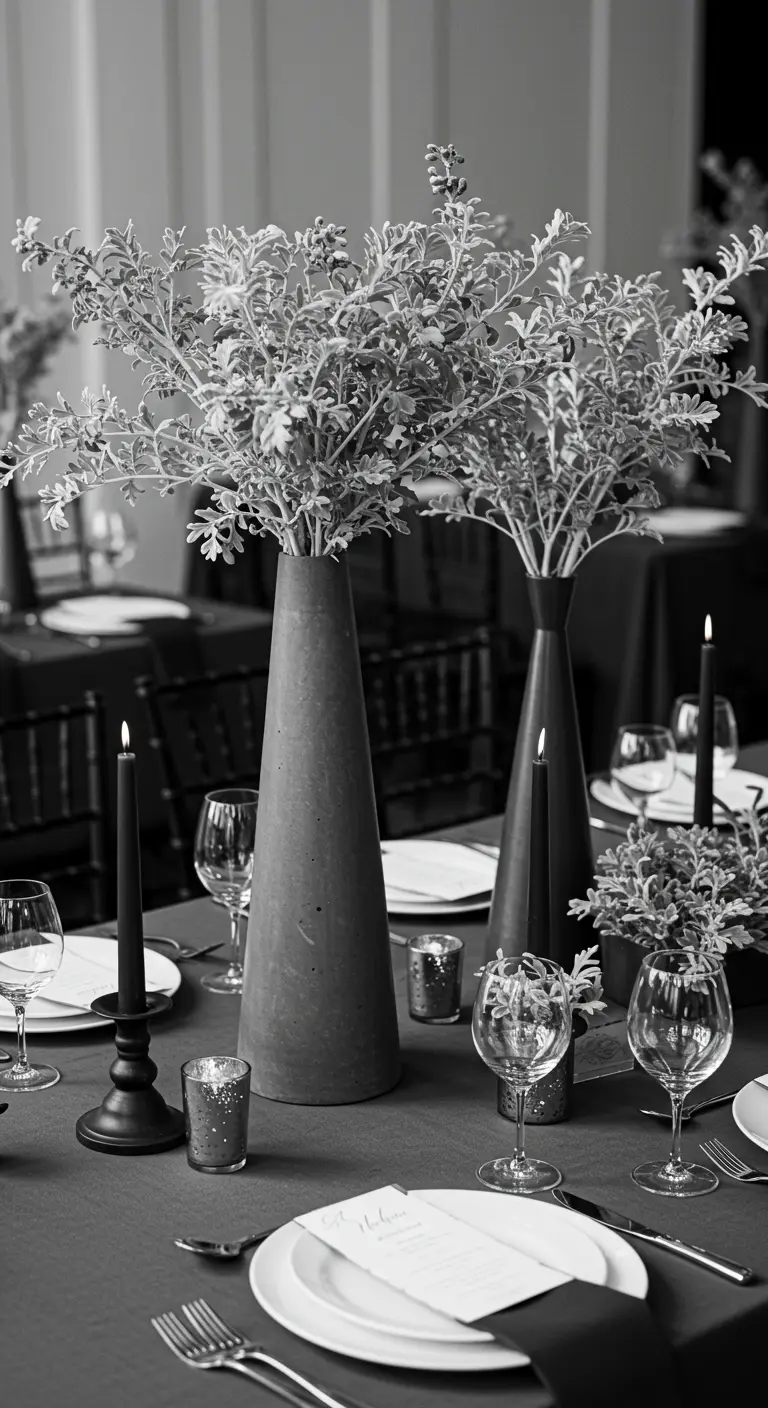 A black and white tablescape with tall concrete vases, black candles, and silvery foliage.
