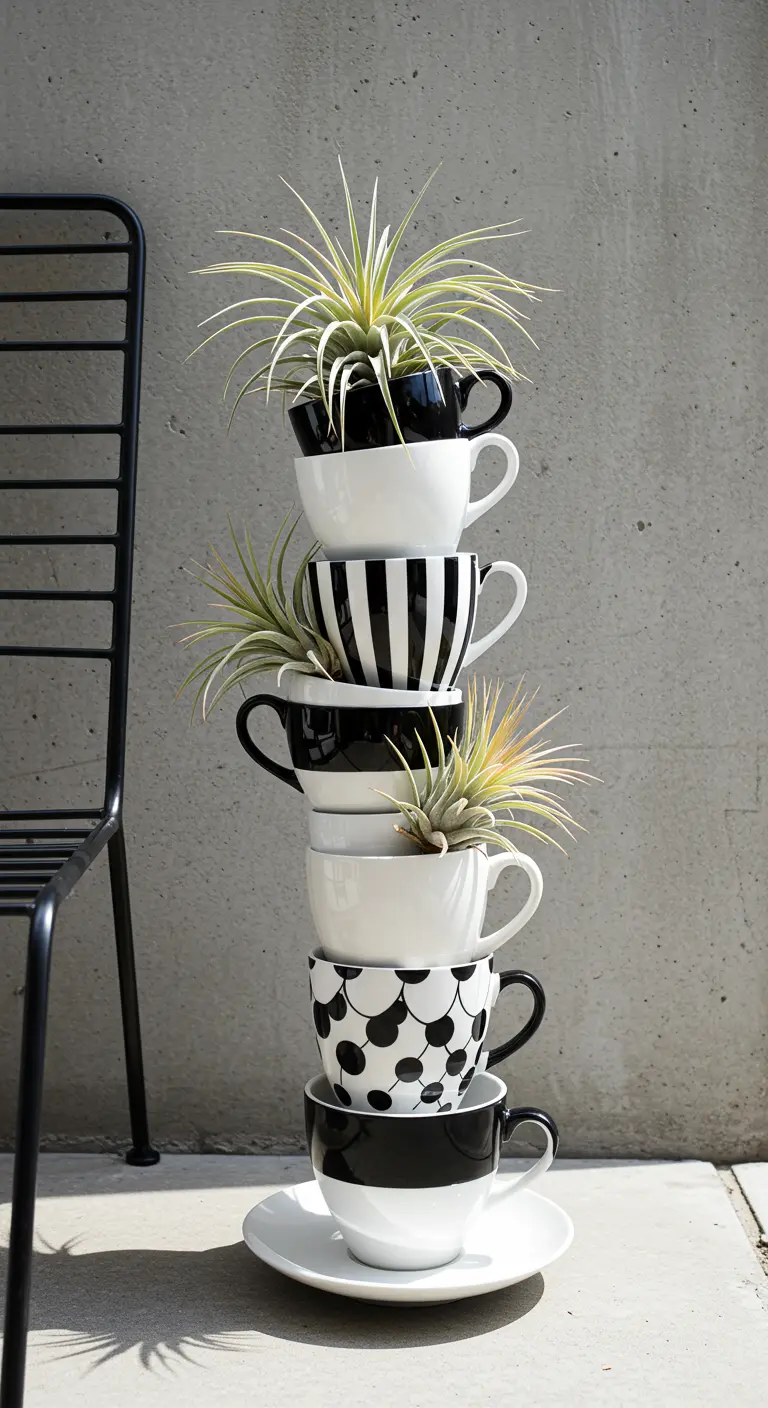 Stack of modern black and white teacups holding spiky air plants against a concrete wall.