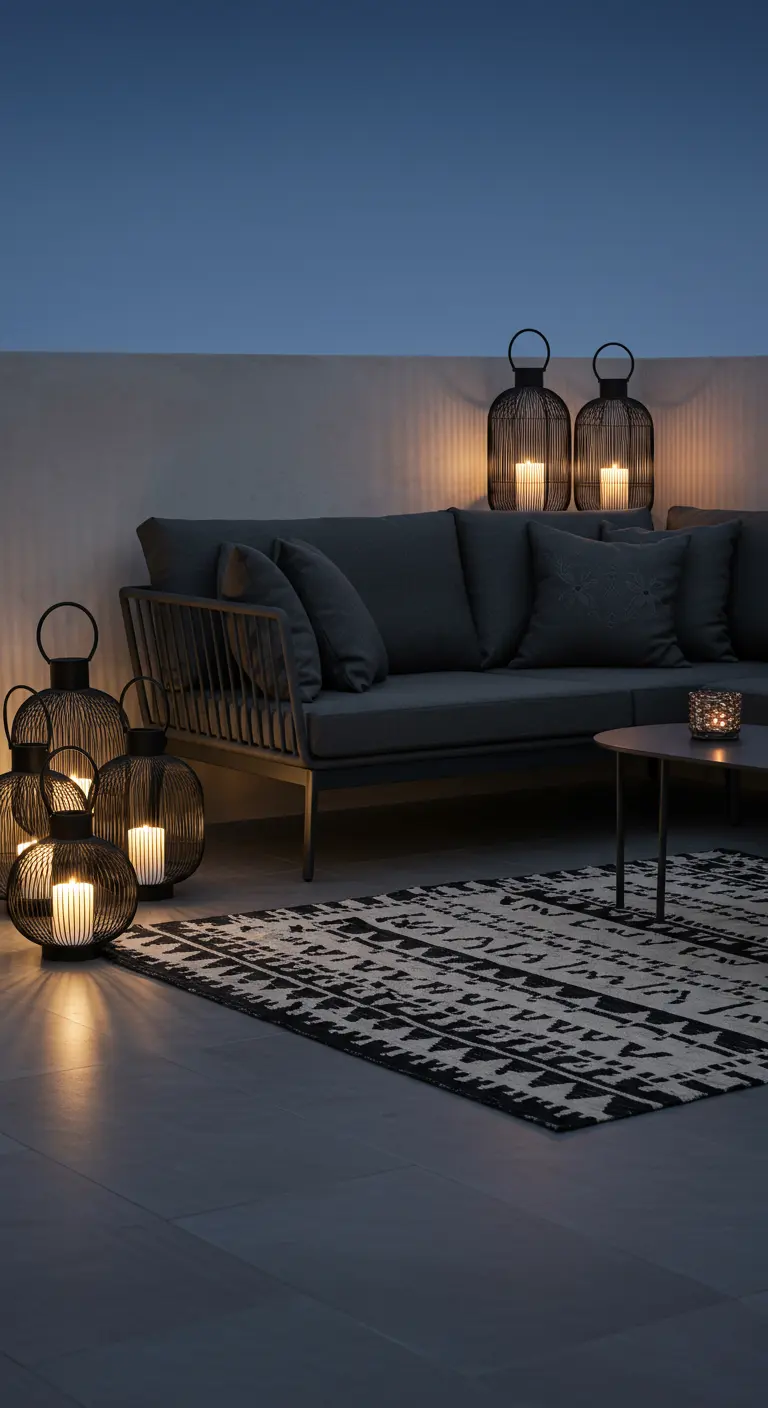 Modern terrace with a gray sofa, a black-and-white rug, and several black lanterns.
