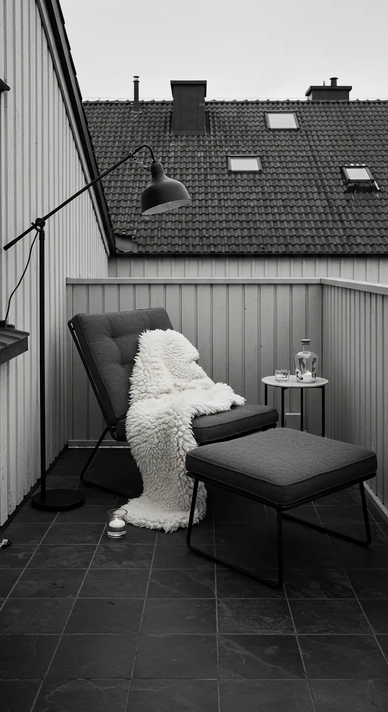 A sleek, monochrome balcony with a grey lounge chair, sheepskin throw, and a black floor lamp.