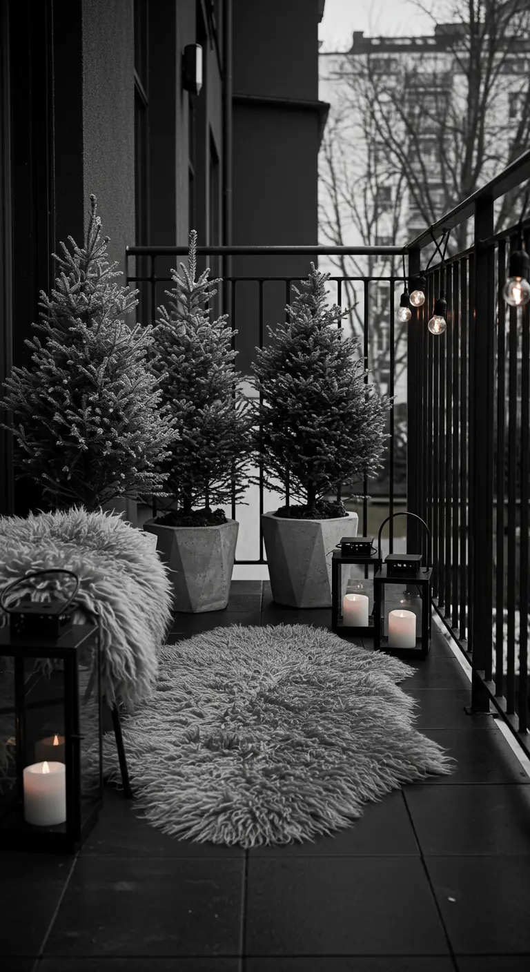 A black-and-white balcony with concrete planters, black lanterns, and a grey sheepskin rug.