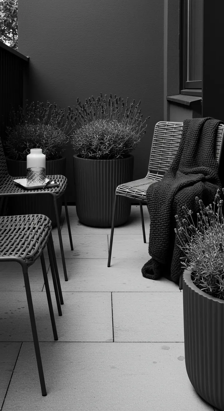 A black-and-white photo of a modern patio with dark furniture, textured planters, and a knit throw.