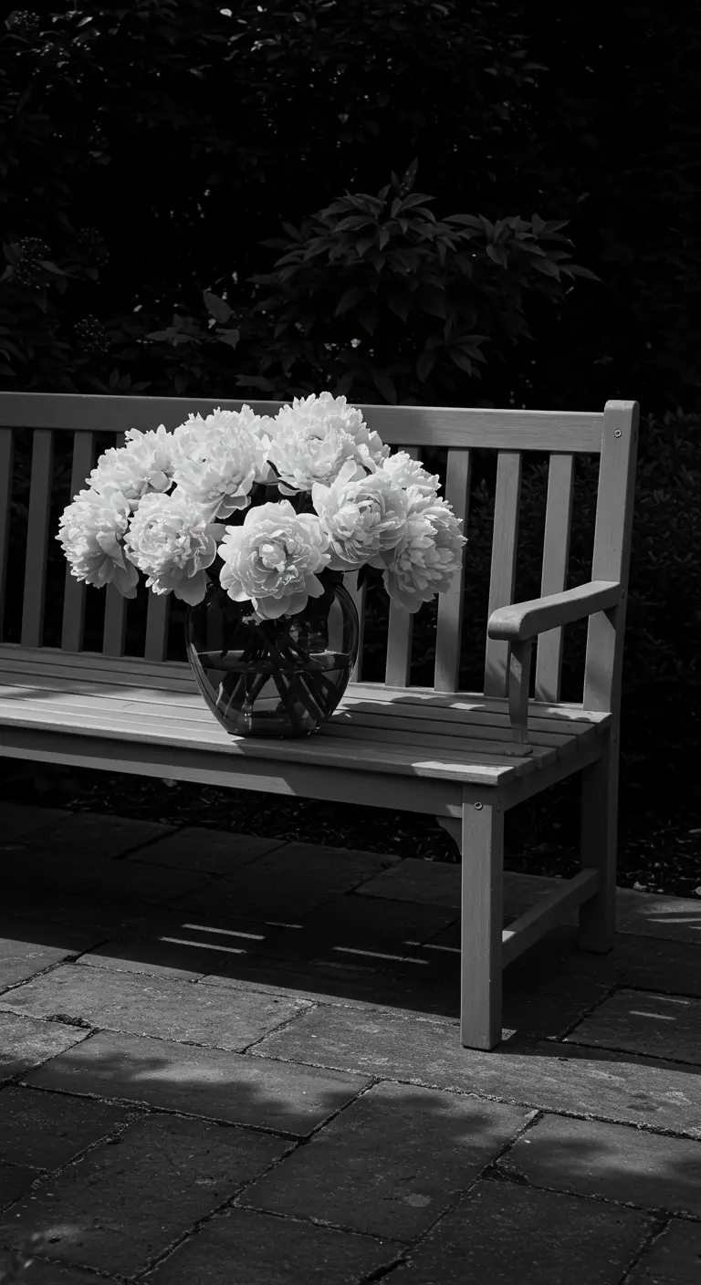 A black and white photo of a wooden bench holding a glass vase of white peonies.
