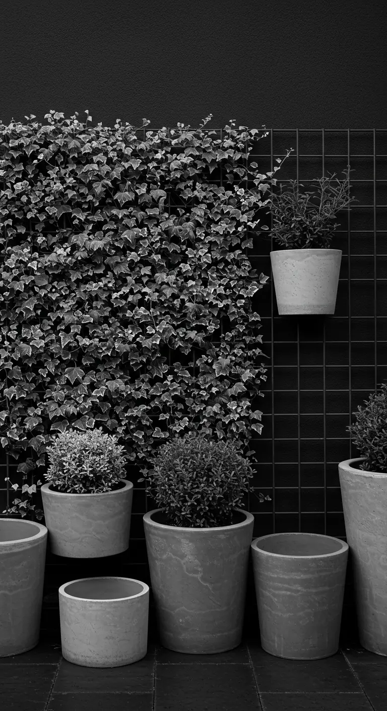 A monochrome scene with ivy and concrete pots against a dark tiled wall.