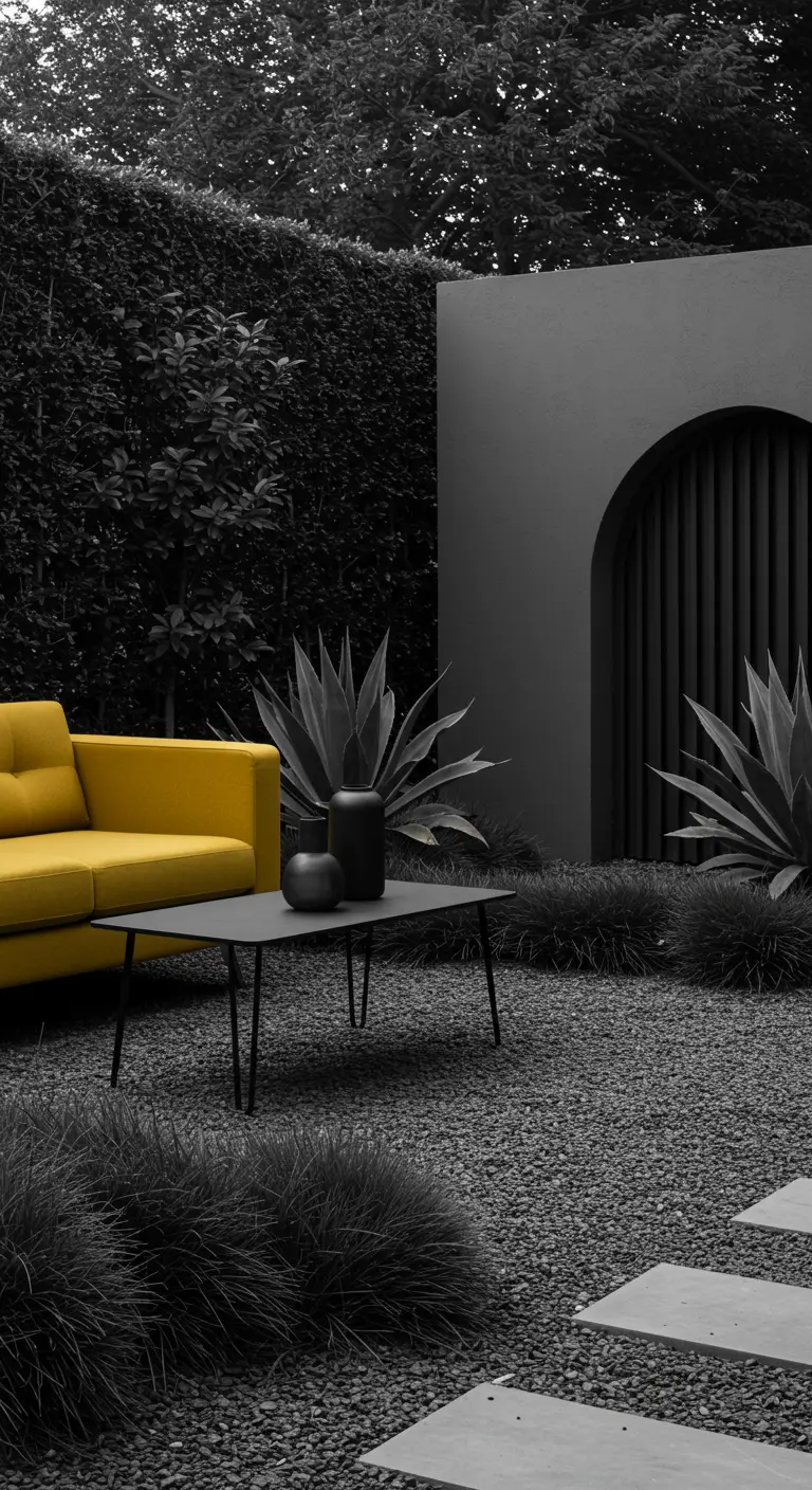 A bright mustard sofa in a dramatic, minimalist garden with black and grey tones.