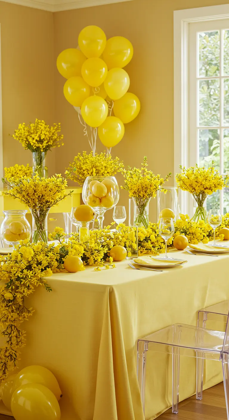 A party table decorated entirely in shades of yellow, with a forsythia garland and yellow balloons.
