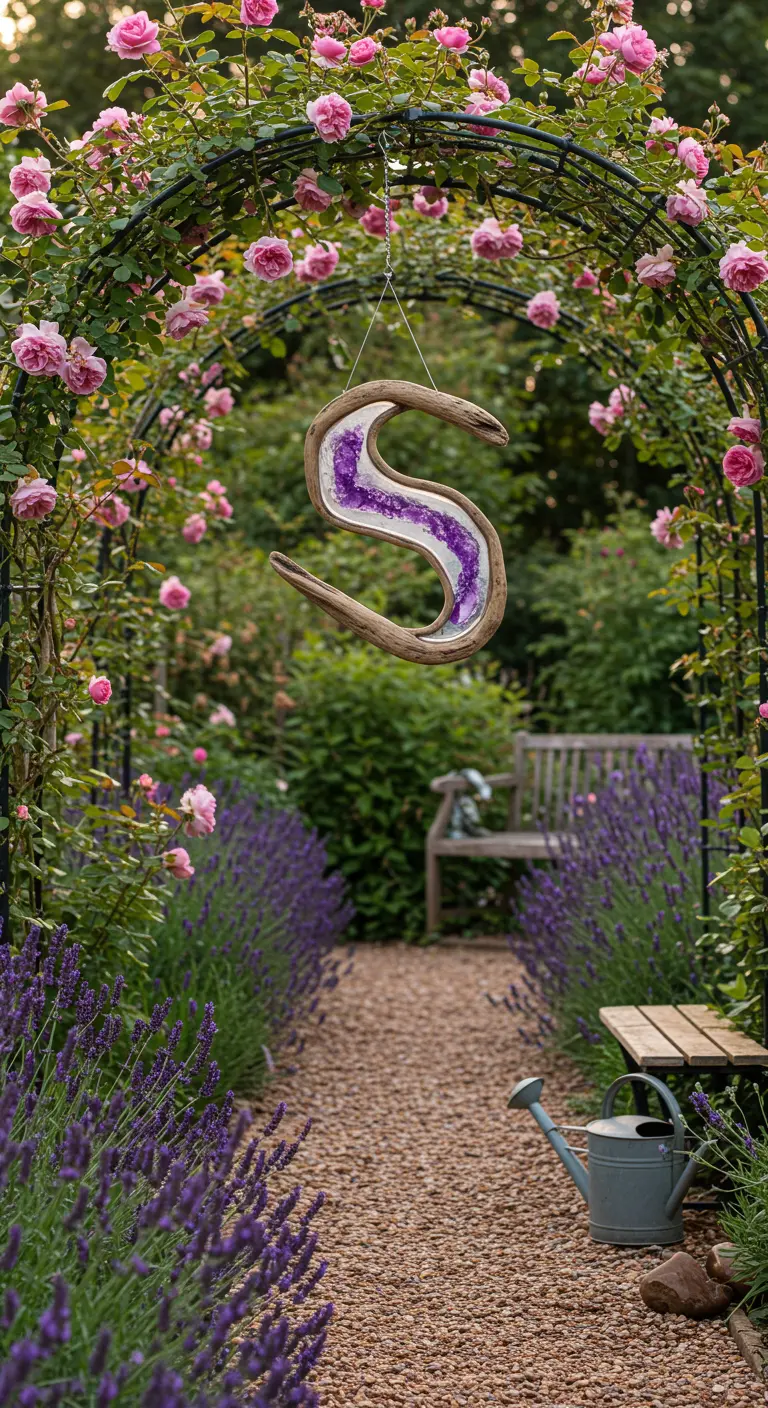 An 'S'-shaped driftwood and purple resin spinner hanging from a rose-covered garden arch.