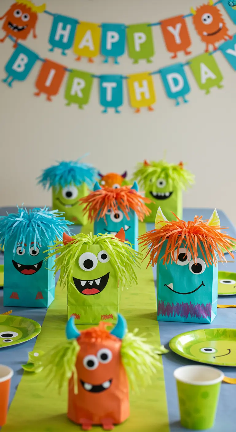 Colorful monster-themed paper gift bags with googly eyes and fringed paper hair on a party table.
