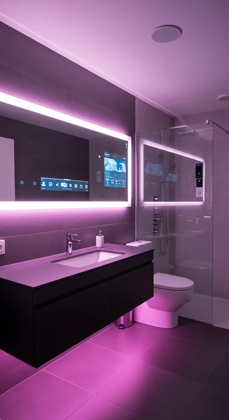 Modern bathroom with a floating vanity and smart mirror, illuminated with vibrant magenta LED light.