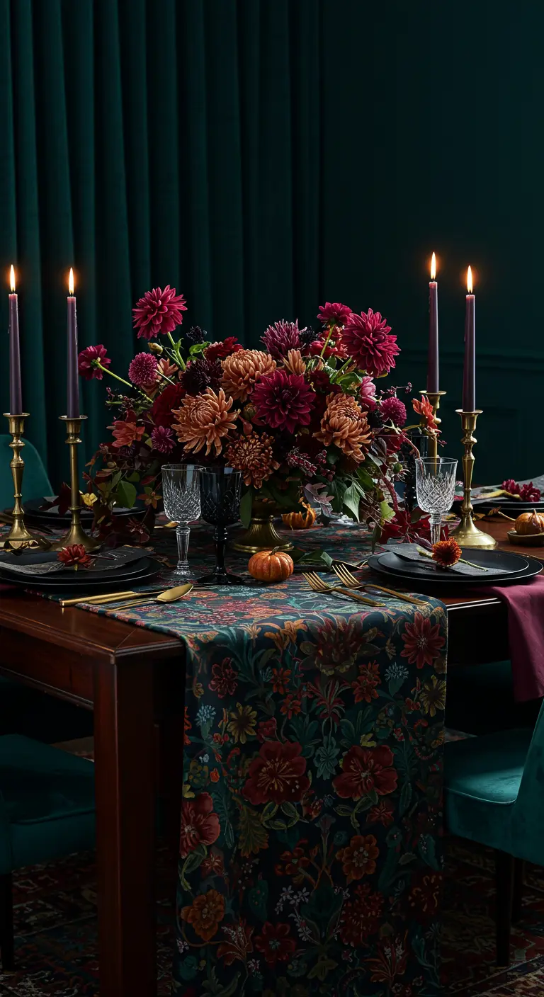 A dramatic tablescape with dark dahlias, brass candlesticks, and a moody floral runner.