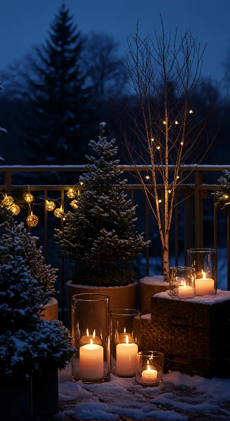 A dark balcony at dusk, with candles in glass hurricanes and a lit birch tree.