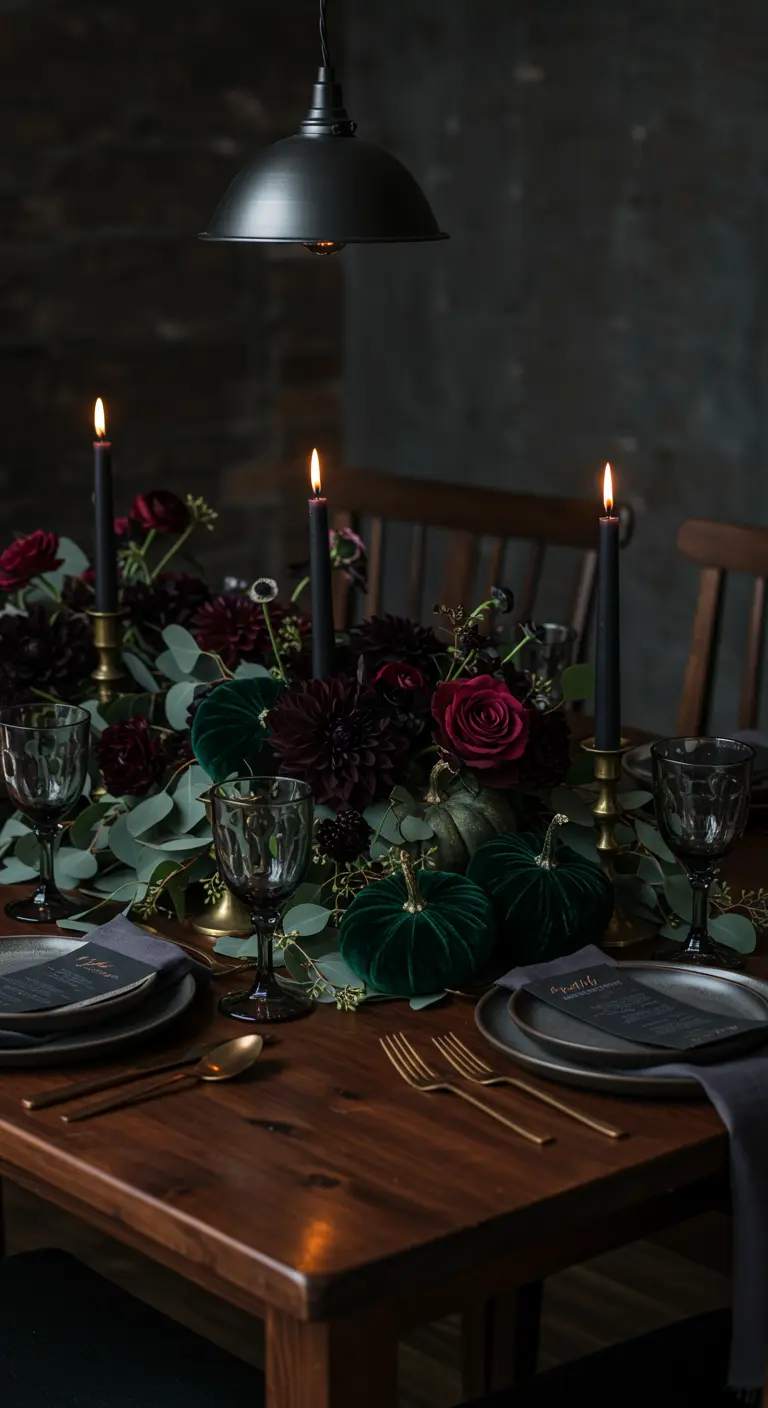 A dark floral centerpiece with emerald velvet pumpkins, burgundy roses, and black candles.