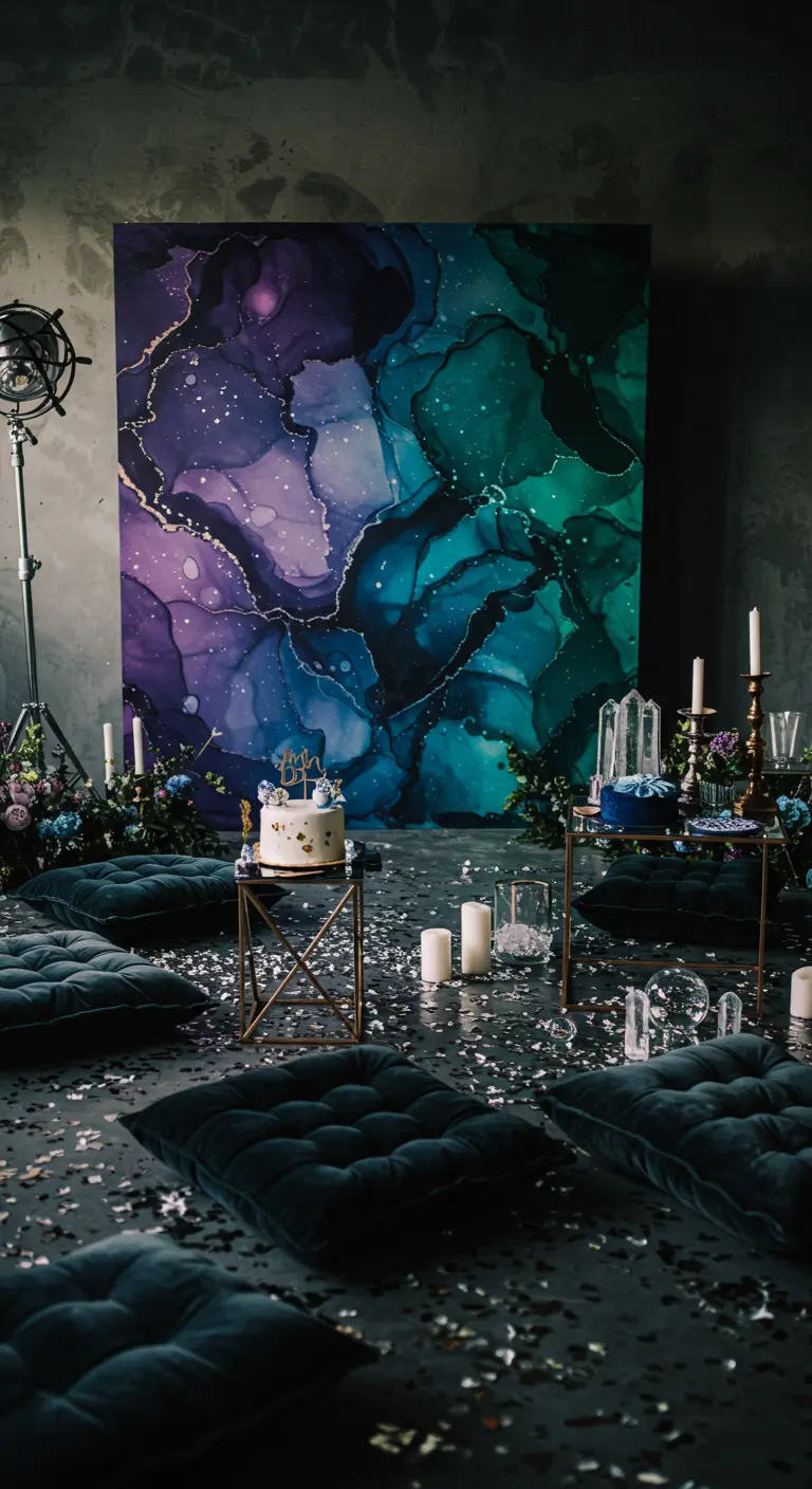 A large, dark backdrop with a purple, green, and blue alcohol ink design resembling a nebula.