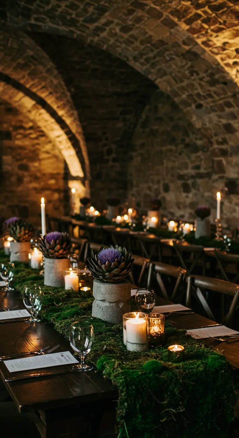 A moss table runner in a stone cellar with concrete vases holding purple artichokes.