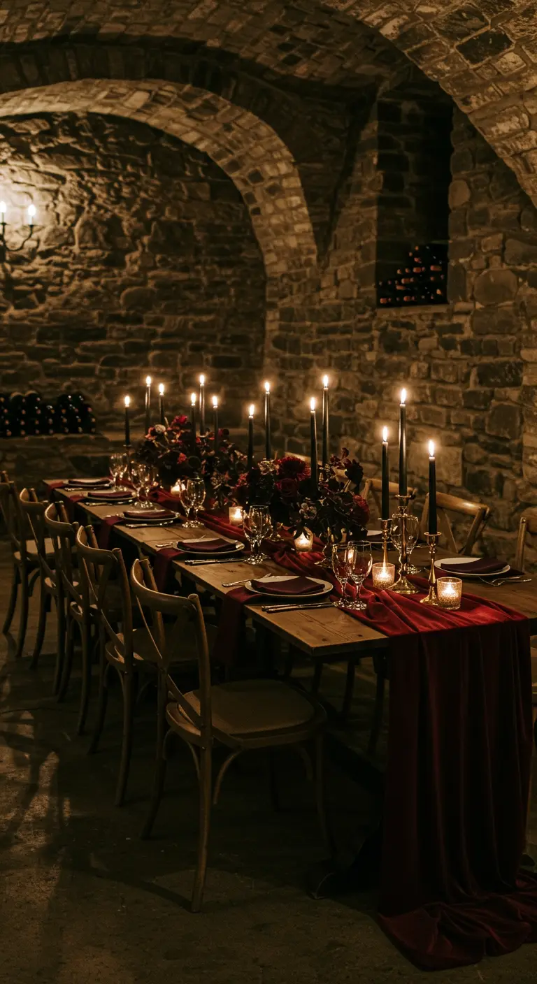 A long table in a dark stone wine cellar with black taper candles and a red velvet runner.