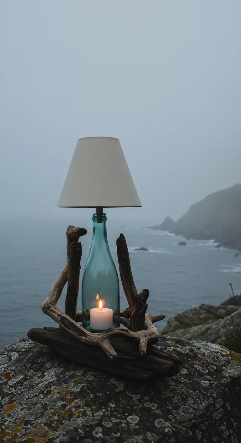A wine bottle lamp with a driftwood base on a mossy rock overlooking a foggy sea.