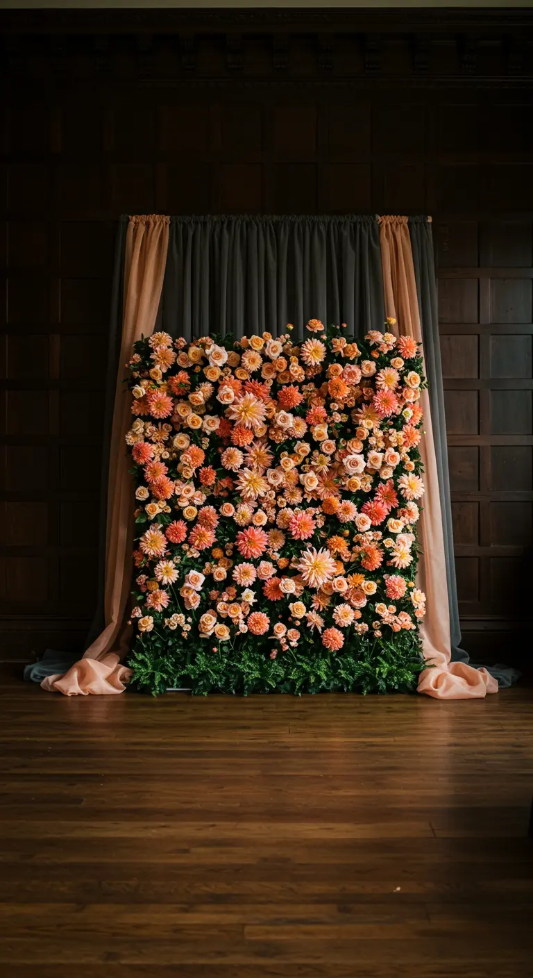 A square flower wall with peach dahlias set against dark wood paneling.