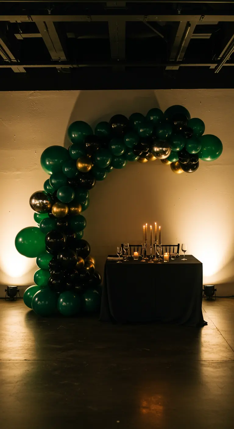 A dark emerald green and black balloon arch illuminated by uplights over a dinner table.