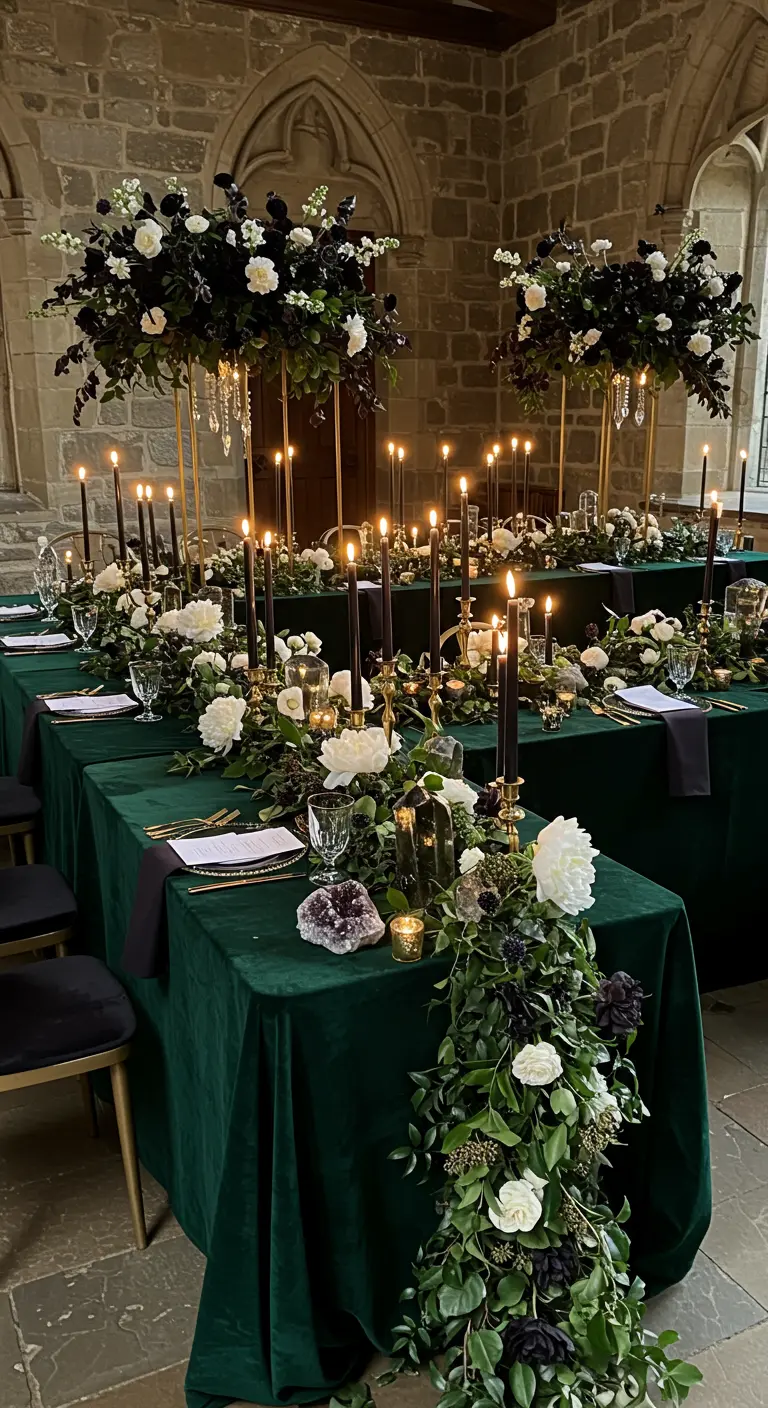 Elegant table with emerald velvet, black candles, white flowers, and amethyst crystals.