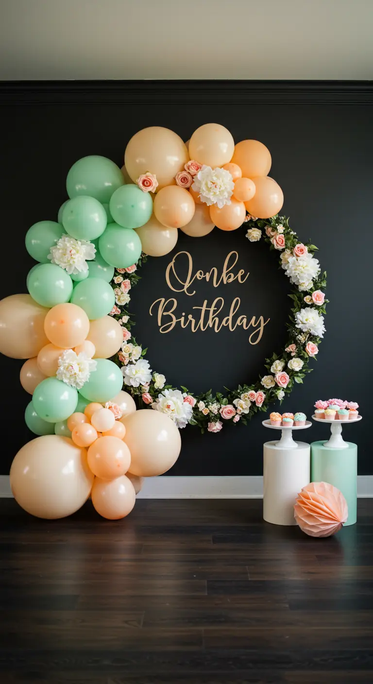 A peach and mint balloon arch and floral hoop set against a dramatic dark wall.