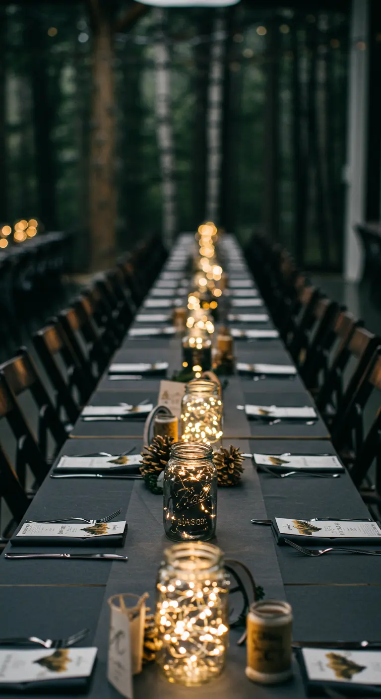 A long, dark table with a simple row of mason jar lights and pinecones.