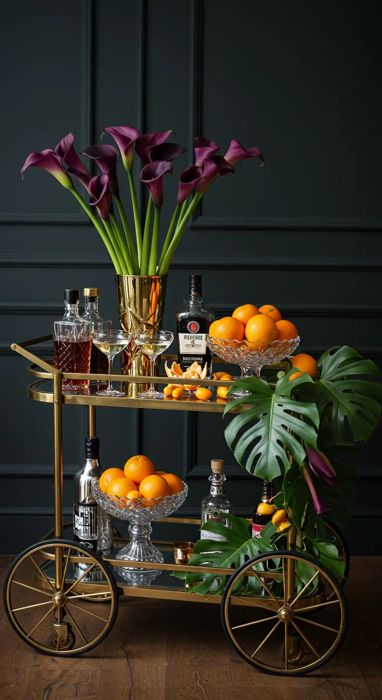 A brass bar cart with dark purple calla lilies, monstera leaves, and bowls of oranges.