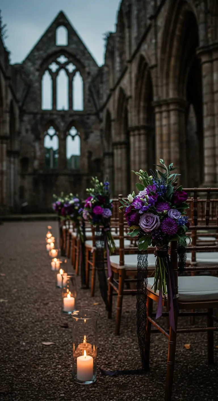 Aisle in front of ruins with moody purple bouquets and candlelight.