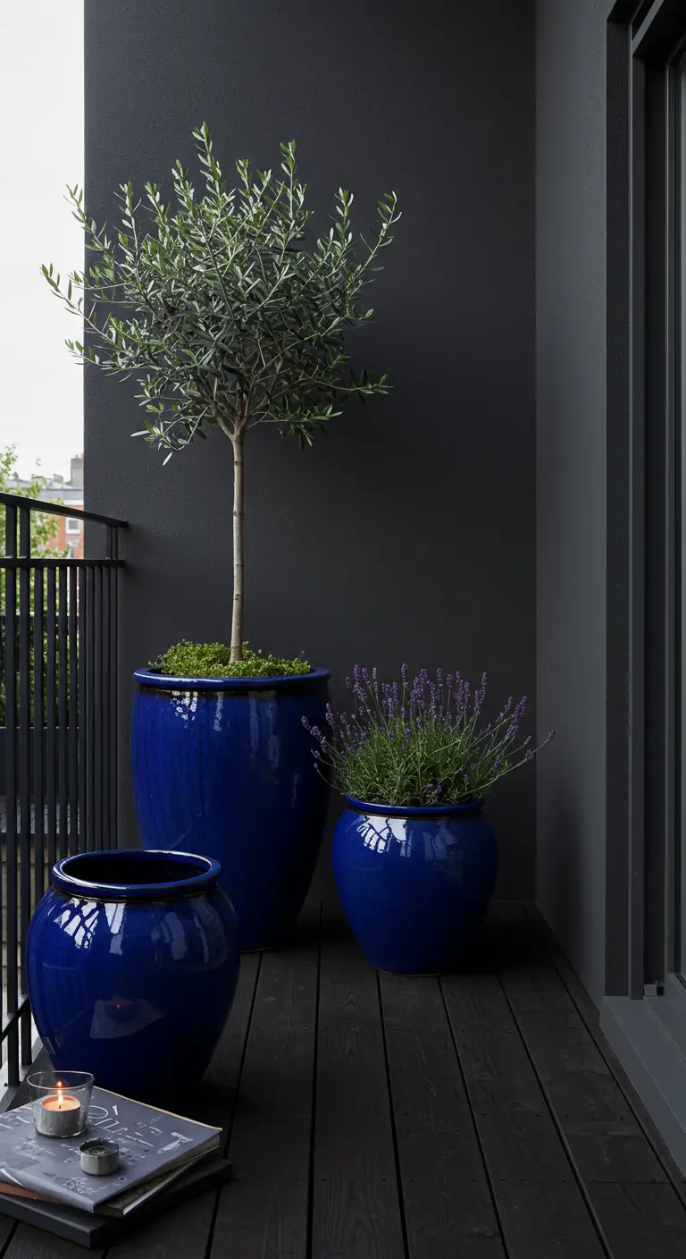 A modern balcony with dark grey walls, a black floor, and high-gloss blue pots.