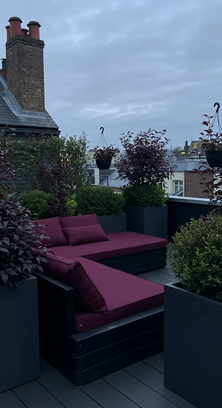 Elegant rooftop with dark planters, magenta cushions on a sectional, and purple-leafed shrubs.