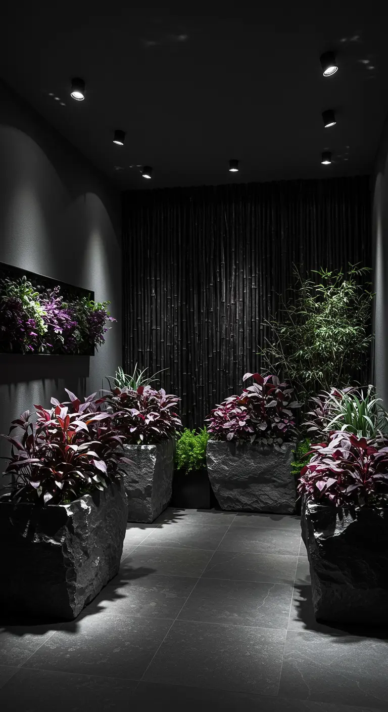 A dark room with large stone planters filled with purple-leafed plants, lit by spotlights