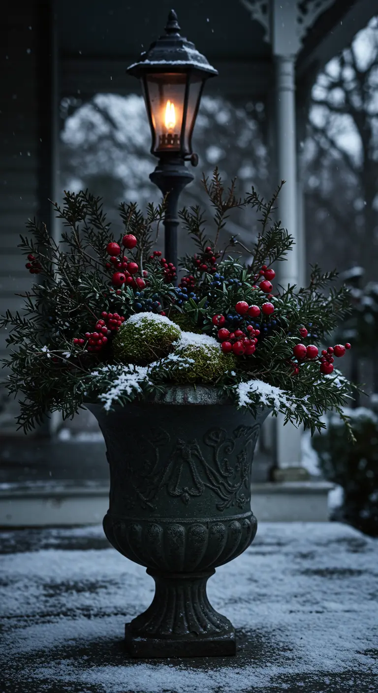 A dark urn with red and blue berries and yew, lit by the warm glow of a lamppost at dusk.