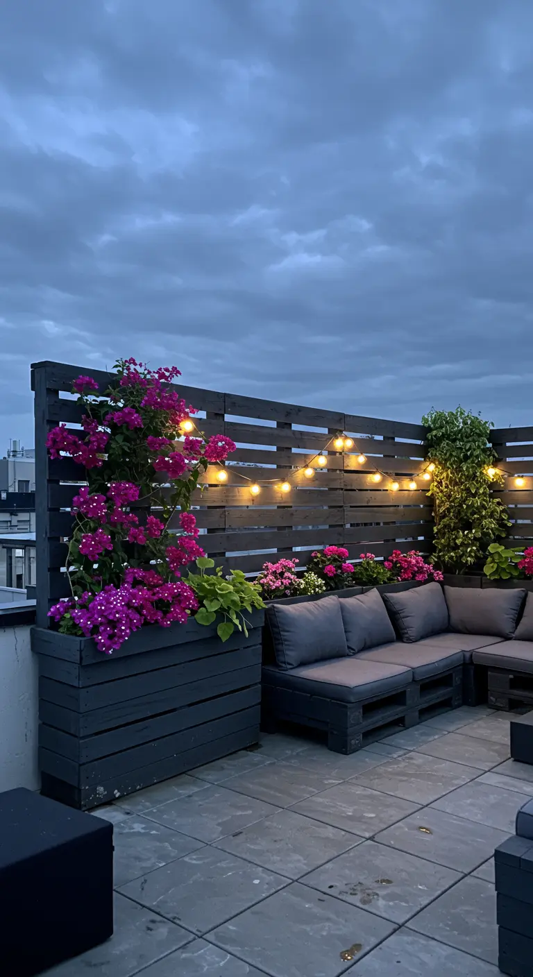 A dark-stained pallet privacy screen on a rooftop terrace with gray couches and glowing string lights.