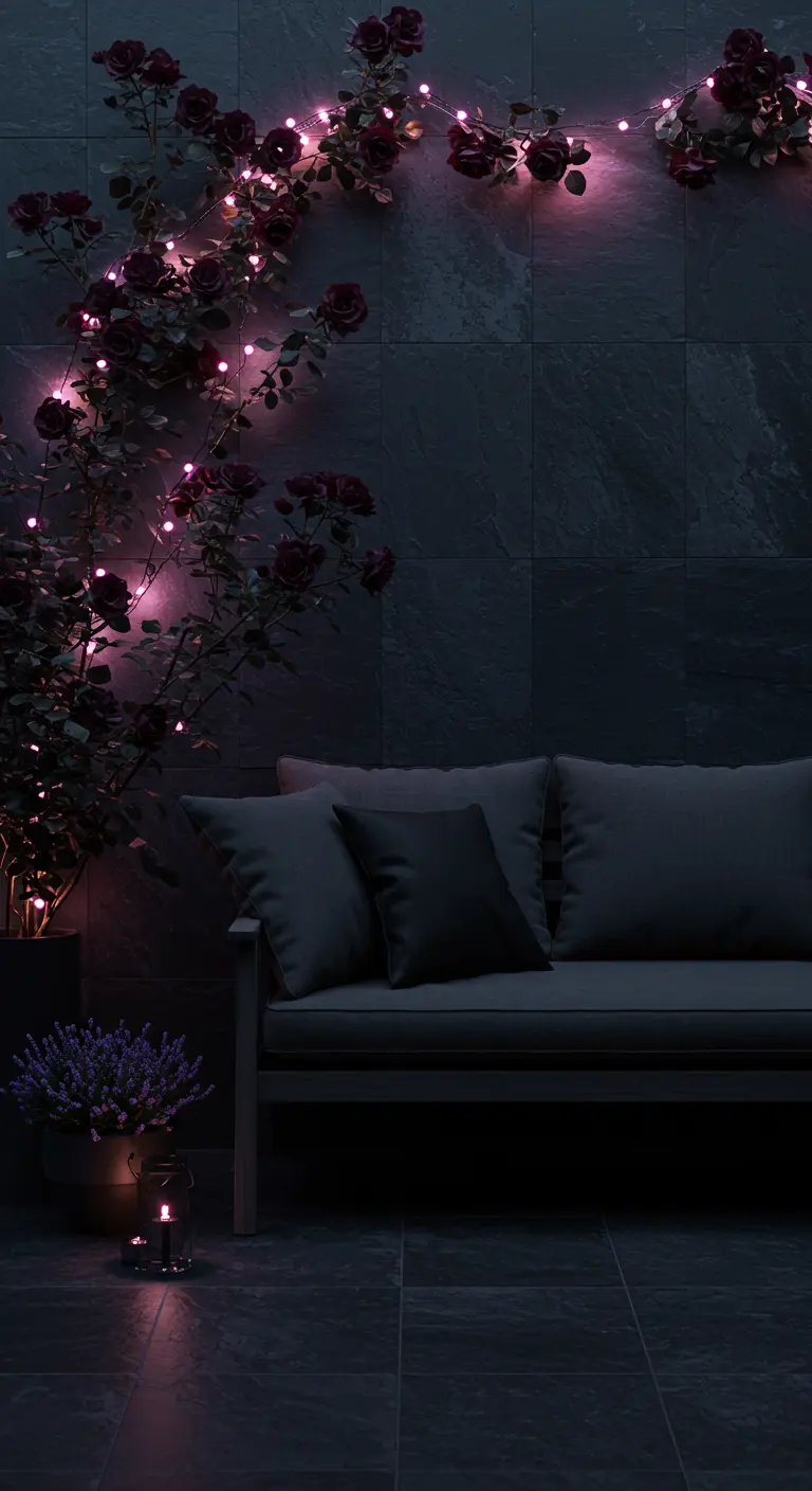 A dark sofa in front of a slate wall with deep red roses illuminated by purple-pink fairy lights.