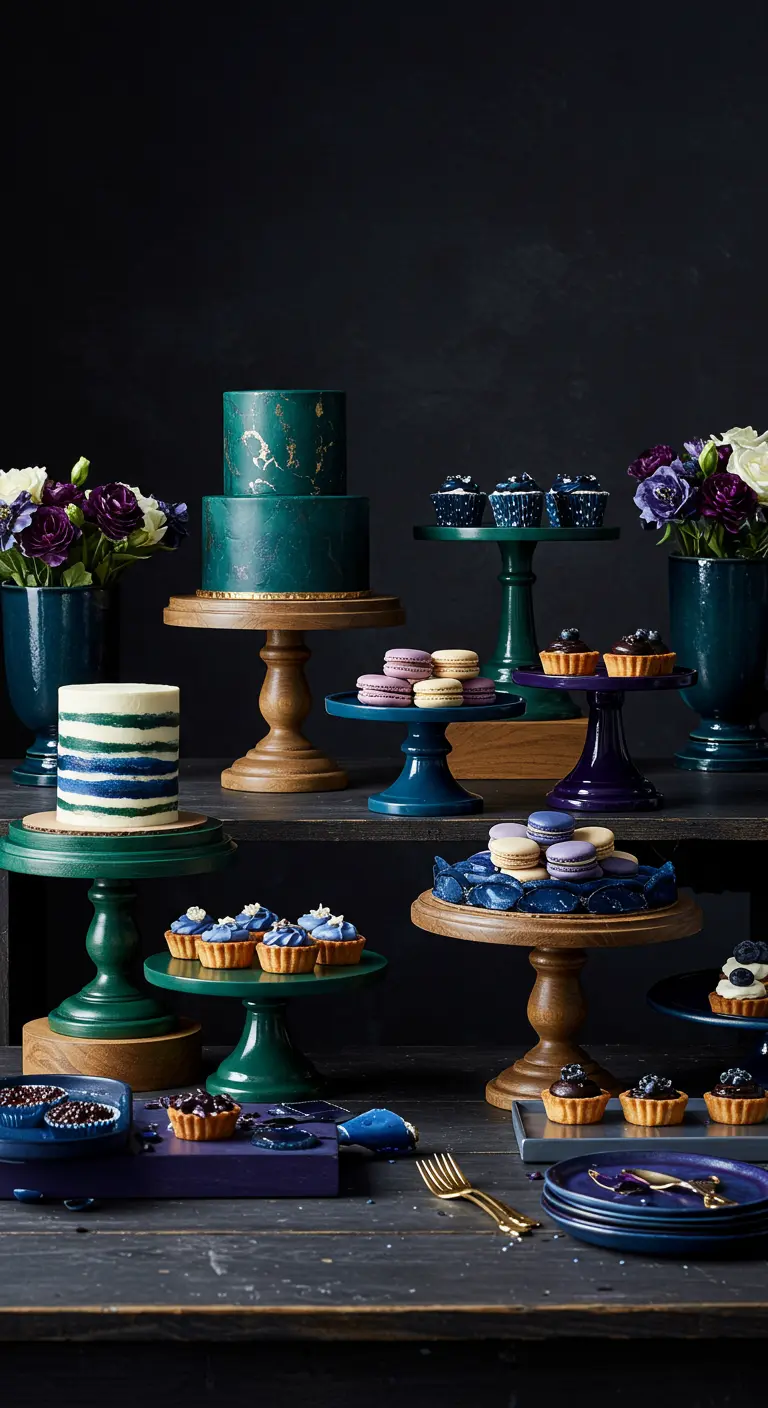 A collection of dessert stands painted in deep greens and blues on a dark table.