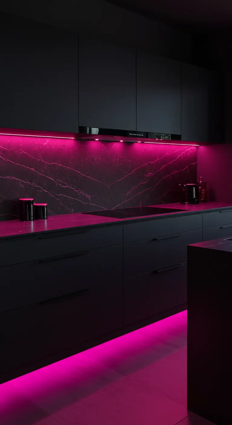 Sleek black kitchen with a marble backsplash and floor illuminated by vibrant pink LED lights.
