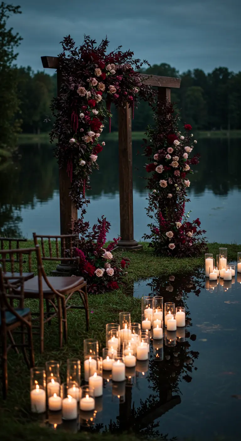 A dark wood wedding arch by a lake at dusk, surrounded by candles.