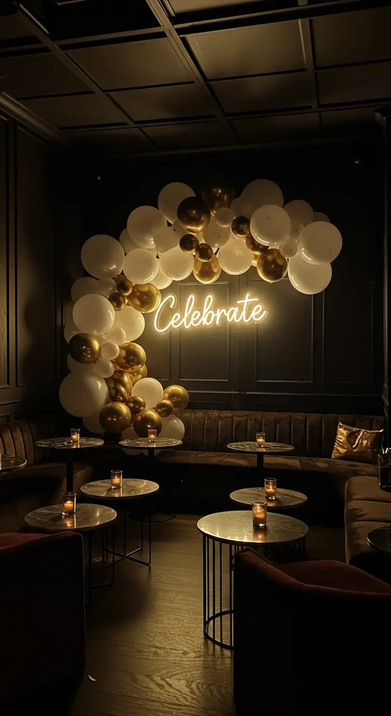 A white and gold balloon arch over a 'Celebrate' neon sign in a dark, cozy lounge.
