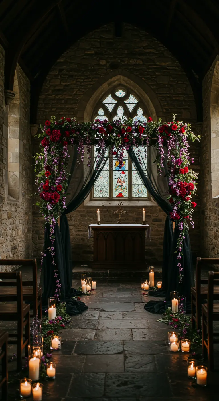 Gothic wedding arch in a church with black drapes, red roses, and purple wisteria.