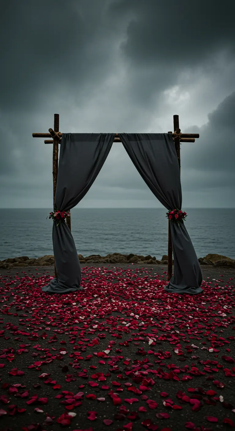 A wedding arch with grey drapes on a rocky, overcast coast with a deep red petal-covered ground.
